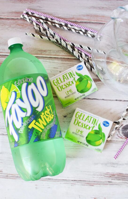 goblin goo green halloween punch, Faygo lemon lime drink boxes of lime Jello and straws on a table