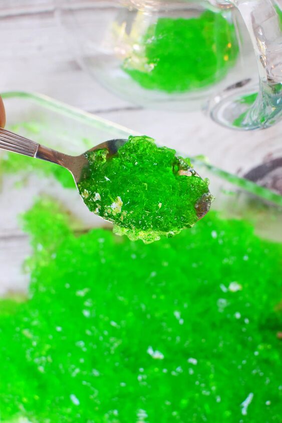 goblin goo green halloween punch, Shredded green jello on a spoon