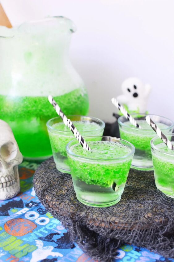 goblin goo green halloween punch, Cups of green jello smile Halloween drink