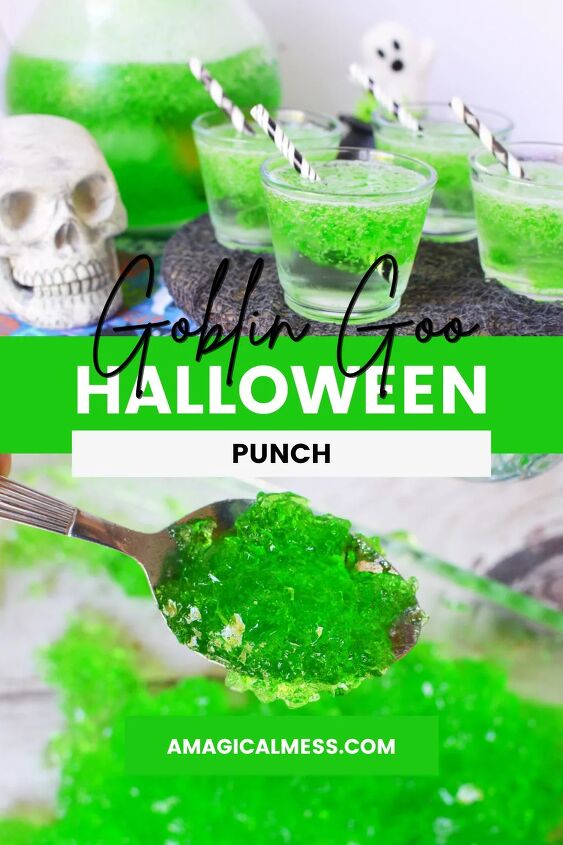 goblin goo green halloween punch, Green Halloween punch drinks next to a skull and spoonful of green jello