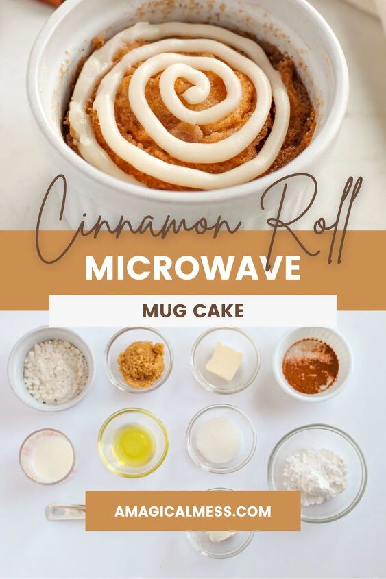 microwave cinnamon roll cake recipe, Cinnamon roll cake in a dish and ingredients in bowls under it