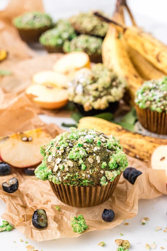 moldy banana halloween muffins recipe, Green muffins surrounded by bananas and blueberries
