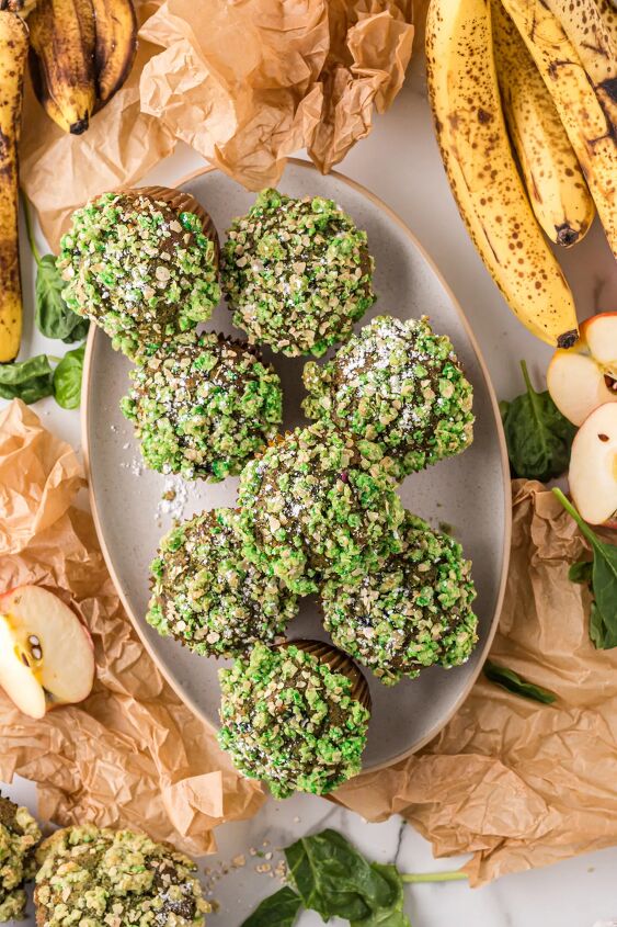 moldy banana halloween muffins recipe, Tray of banana spinach muffins with a green topping next to bananas