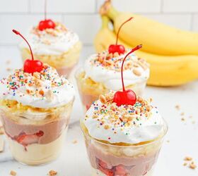 no bake banana split pudding cups recipe, Banana split pudding cups topped with whipped cream and cherries