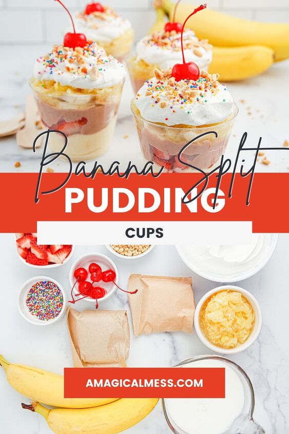 no bake banana split pudding cups recipe, Banana pudding cups and all the ingredients to make them