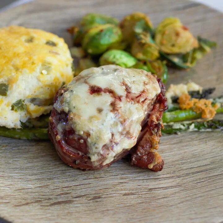 quattro formaggi crusted steak, 4 cheese crusted bacon wrapped filet with twice baked potato and Brussel sprouts