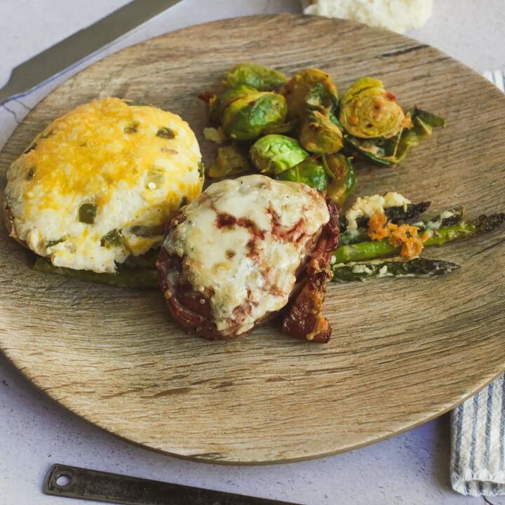 quattro formaggi crusted steak, 4 cheese crusted bacon wrapped filet with twice baked potato and Brussel sprouts