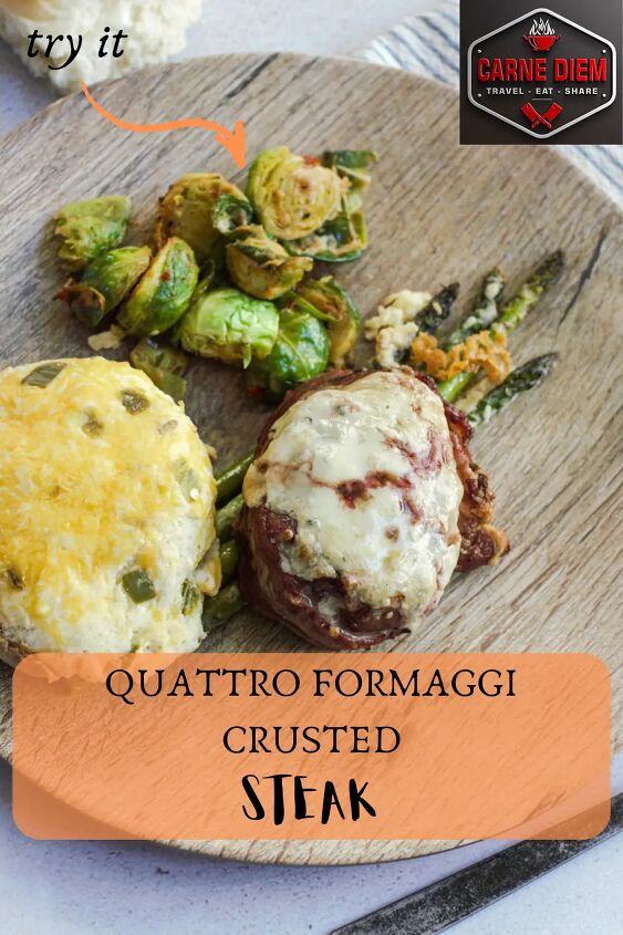 quattro formaggi crusted steak, Pinterest pin for 4 cheese crusted steak