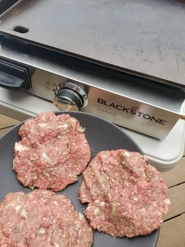 new york chopped cheese sandwich, Burger patties ready to go on a Blackstone griddle