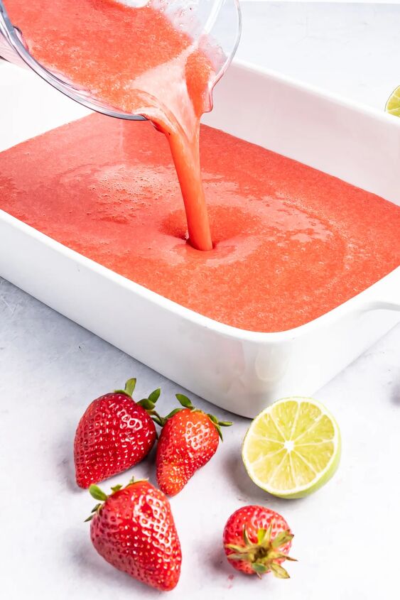frosty and fresh strawberry lime granita, Pouring mixed granita into a shallow dish
