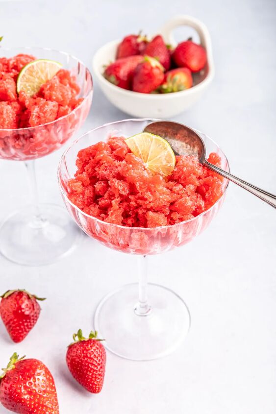 frosty and fresh strawberry lime granita, Strawberry lime granita in a wine glass