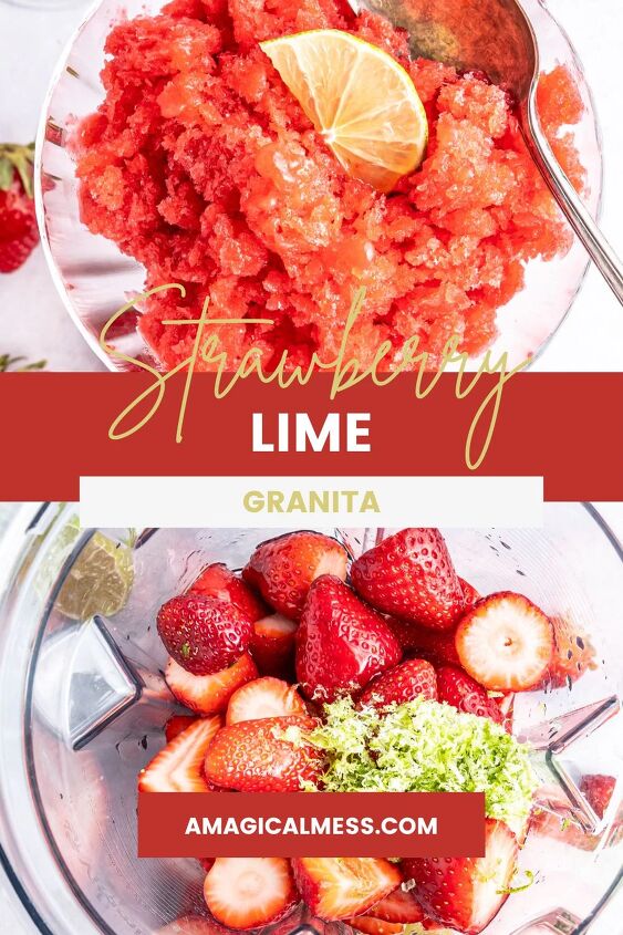 frosty and fresh strawberry lime granita, Strawberry lime granita in a dish and in a blender