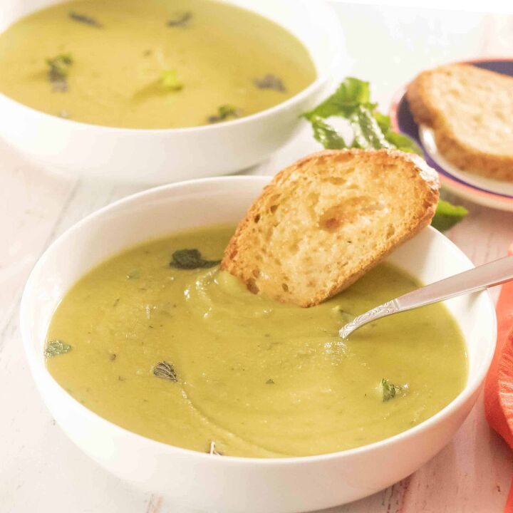 fresh or frozen pea soup recipe best green pea soup, Fresh Green Pea Soup Recipe with Mint and Crusty bread in a bowl