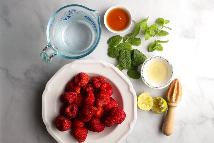 strawberry mint agua fresca, All of the ingredients for Strawberry Mint Agua Fresca