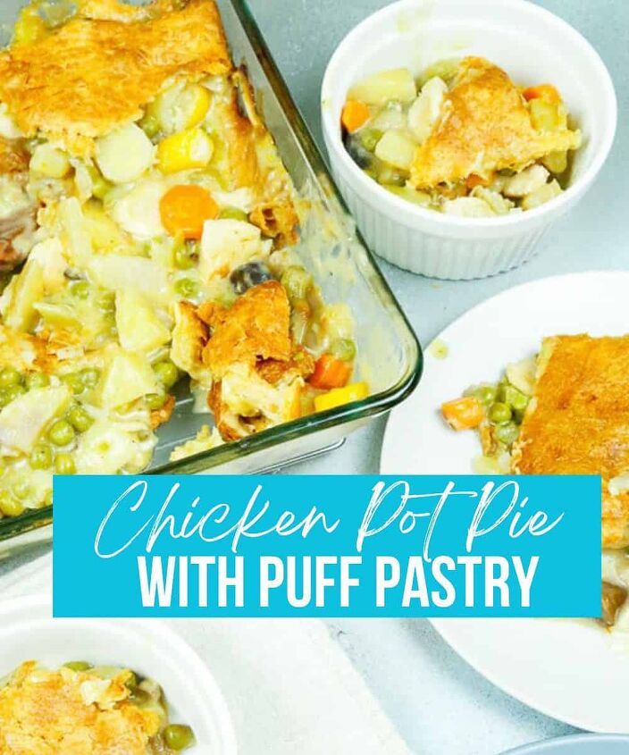 chicken pot pie with puff pastry recipe, pinterest image chicken pot pie