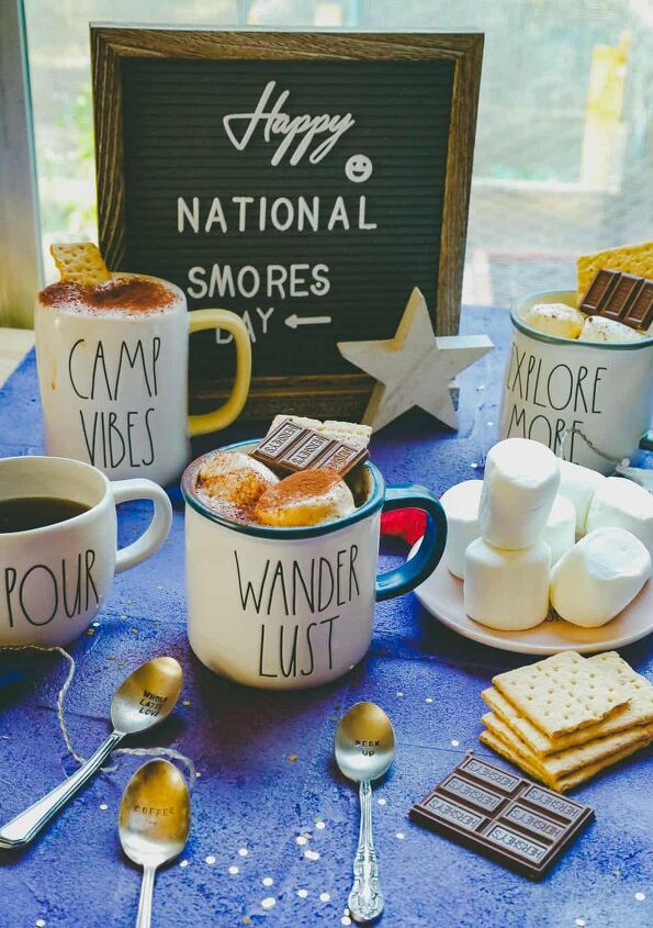 easy toasted s mores coffee, three coffee mugs filled with coffee and garnished with marshmallows and chocolate