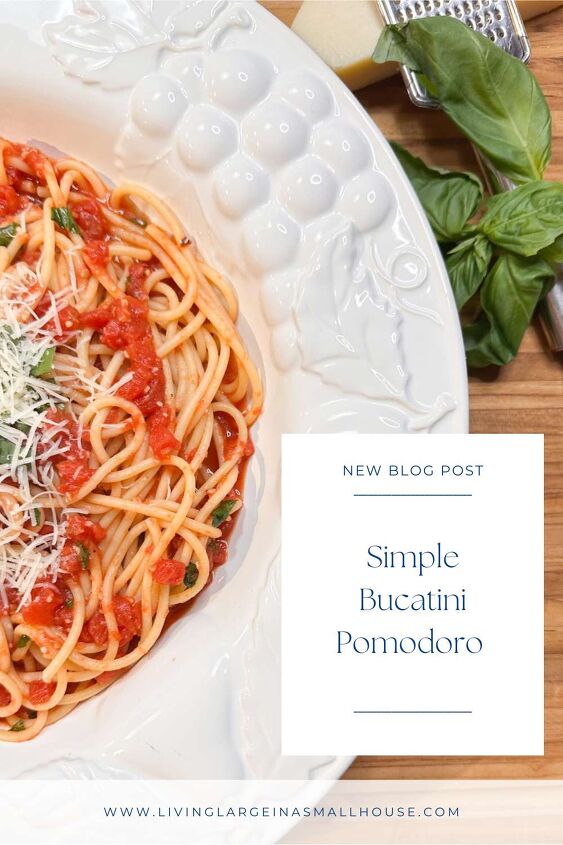 simple bucatini pomodoro pasta recipe, pinterest graphic with a photo of the bucatini pomodoro in a white bowl with an overlay that reads simple bucatini pomodoro