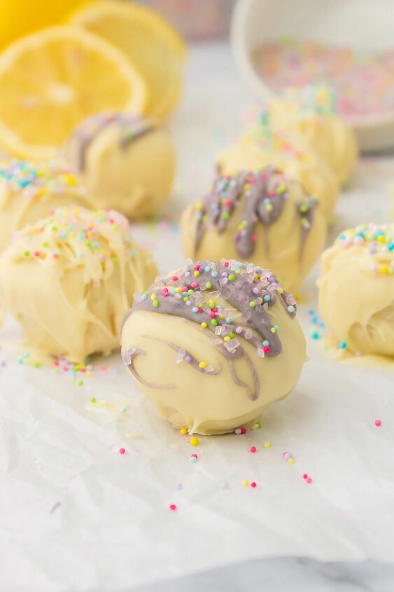 light and creamy lemon oreo truffles, Lemon truffles with purple and yellow topping and sprinkles