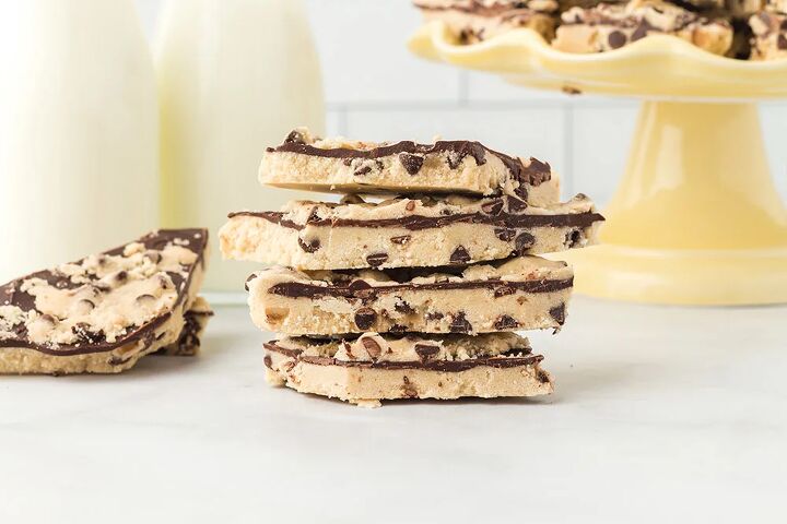 cookie dough bark, Cookie dough bark candy stacked and on a yellow candy dish