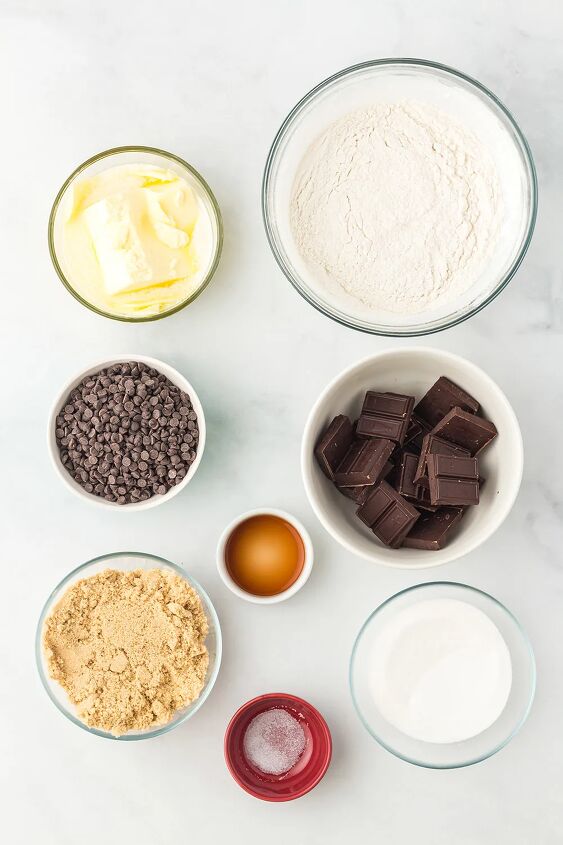 cookie dough bark, Butter chocolate chips and other ingredients in bowls