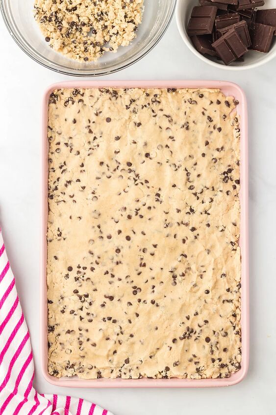 cookie dough bark, Cookie dough spread onto a baking sheet