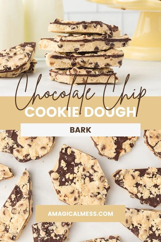 cookie dough bark, Cookie dough bark candy stacked and placed on a table for an overhead image