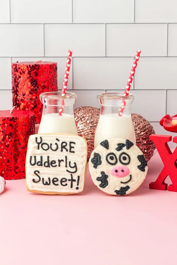 udderly sweet cow valentine sugar cookies, You re Udderly Sweet and a cow Valentine s themed cookies next to milk on a table