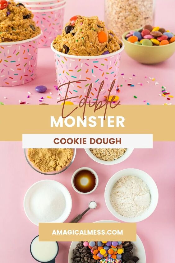 edible monster cookie dough, Pink cups with monster cookie dough in them and bowls of ingredients on the bottom image
