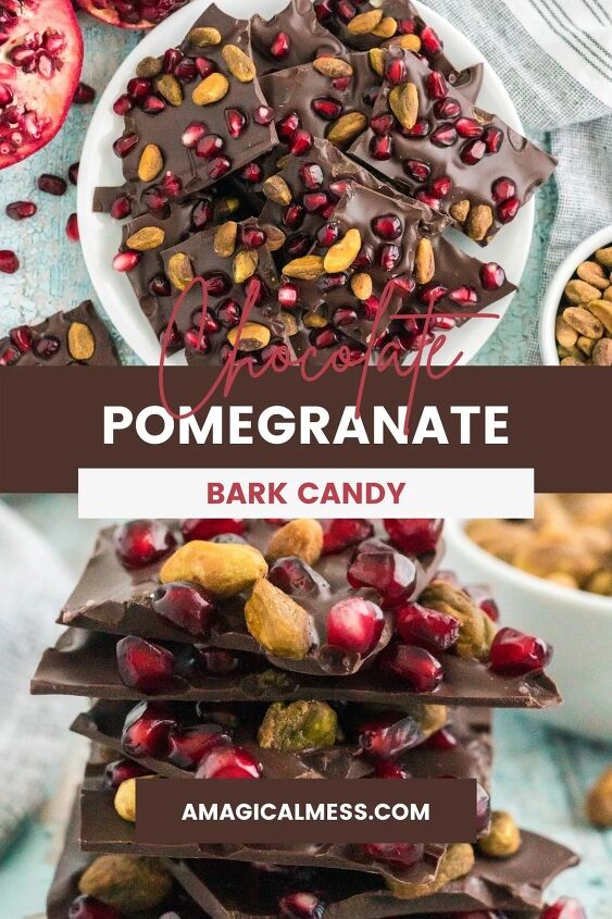 chocolate pomegranate bark with pistachios, Chocolate candy with pomegranates and pistachios on a plate and stacked
