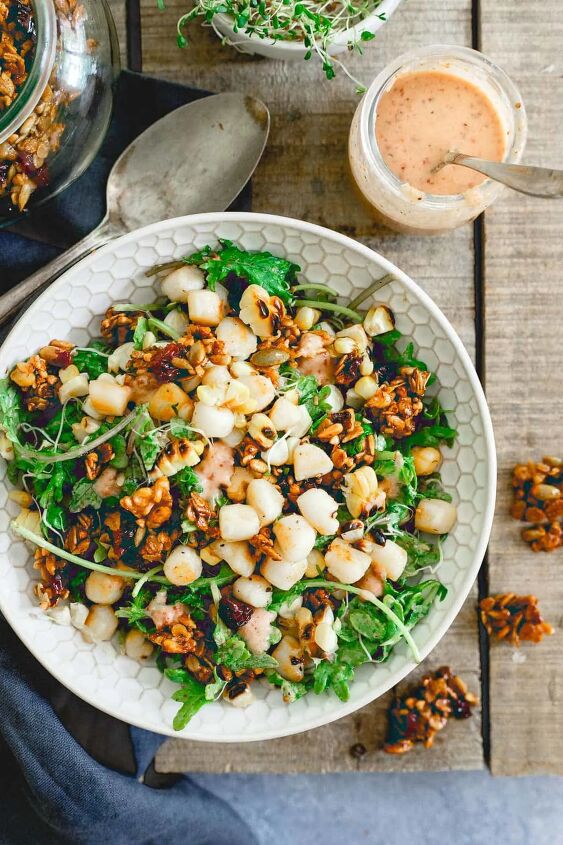 This bay scallop baby kale corn salad is served with a savory tart cherry granola and a cherry dijon dressing Eating well in the summer never looked so good