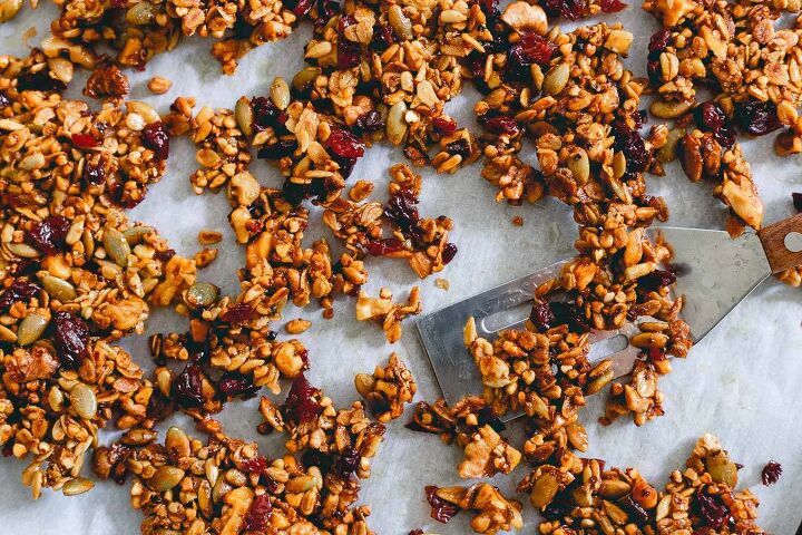 Savory tart cherry granola is the perfect crunchy addition to this bay scallop and baby kale salad with grilled corn