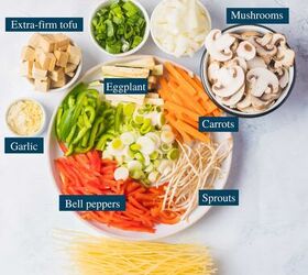 vegan stir fry noodles ready in under 30 minutes, Vegan stir fry noodles ingredients noodles garlic extra firm tofu green onion mushrooms yellow onion carrots bell peppers optional veggies eggplant sprouts