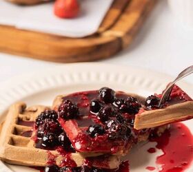 best vegan waffles easy homemade recipe, Tasting vegan waffles topped with fruit syrup on a white plate