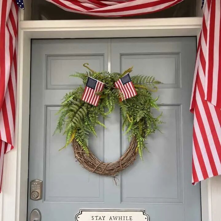 how to make easy and delicious blueberry bread pudding, How to Decorate a Beautiful Patriotic Front Porch flag bunting wreath small flags front door transom window