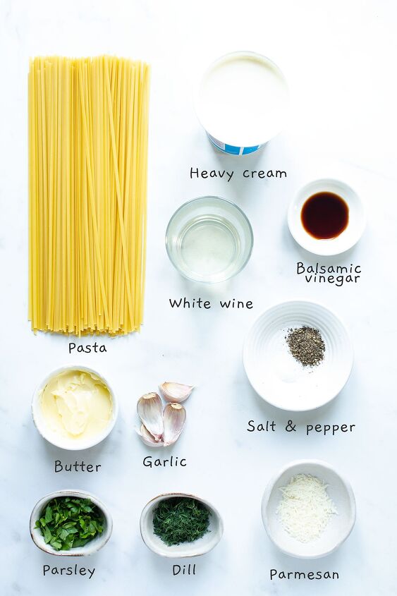 creamy white wine pasta sauce, A photograph of the ingredients for pasta with white wine sauce