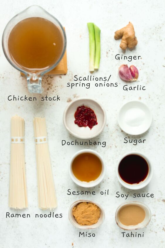 easy spicy chicken miso ramen, Ramen soup ingredients on a white background