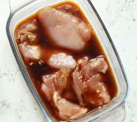 easy spicy chicken miso ramen, Chicken thighs marinating in a glass dish