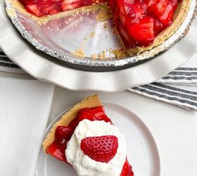 no bake strawberry pie with jello, piece of strawberry pie in a white plate next to strawberry pie in white pie plate
