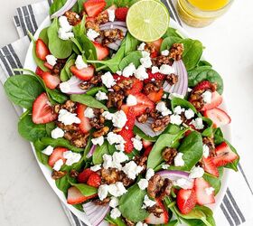 air fryer bbq chicken thighs boneless or bone in, strawberry goat cheese salad on a white platter