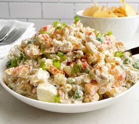 air fryer bbq chicken thighs boneless or bone in, tuna macaroni salad in a white bowl