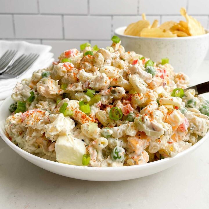air fryer bbq chicken thighs boneless or bone in, tuna macaroni salad in a white bowl