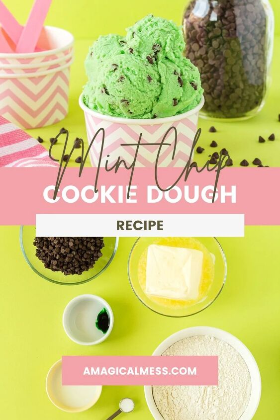 mint chip edible cookie dough, Pink cup with scoops of mint chip cookie dough Ingredients to make it on the bottom