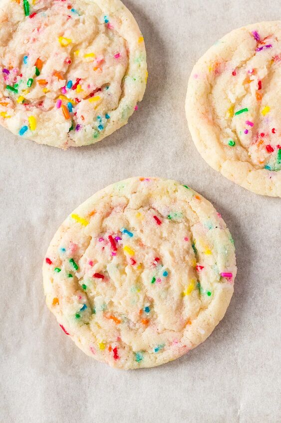 soft and chewy funfetti cookies recipe, Closeup of Funfetti cookies on a baking sheet