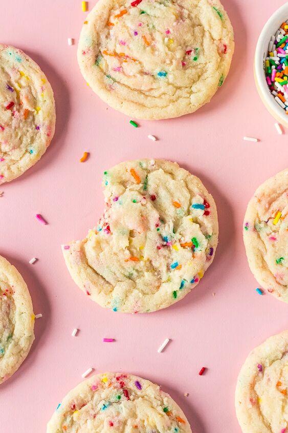 soft and chewy funfetti cookies recipe, Funfetti cookies on a pink background with sprinkles