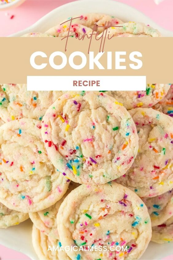 soft and chewy funfetti cookies recipe, Cookies with colorful sprinkles piled onto a plate