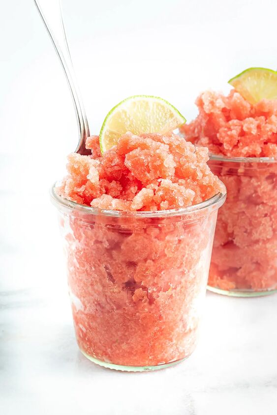 watermelon lime granita, Watermelon lime granita in a cup with a spoon in it