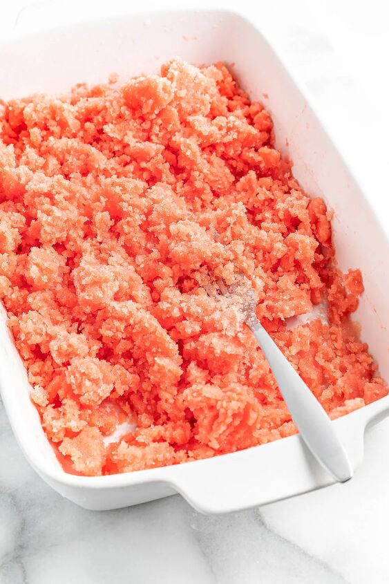 watermelon lime granita, Watermelon lime granita in a white dish with a fork in it