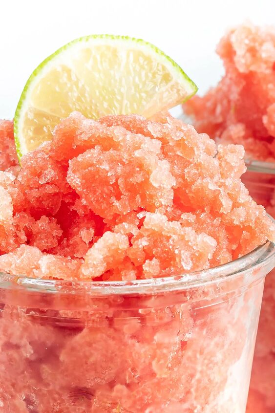 watermelon lime granita, Watermelon granita in a clear cup with a slice of lime on top
