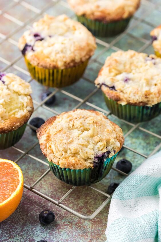 blueberry orange muffins with crunchy oat topping, Muffins on a cooling rack