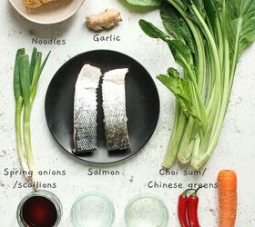 teriyaki salmon noodles, All the ingredients needed for the recipe on a white background